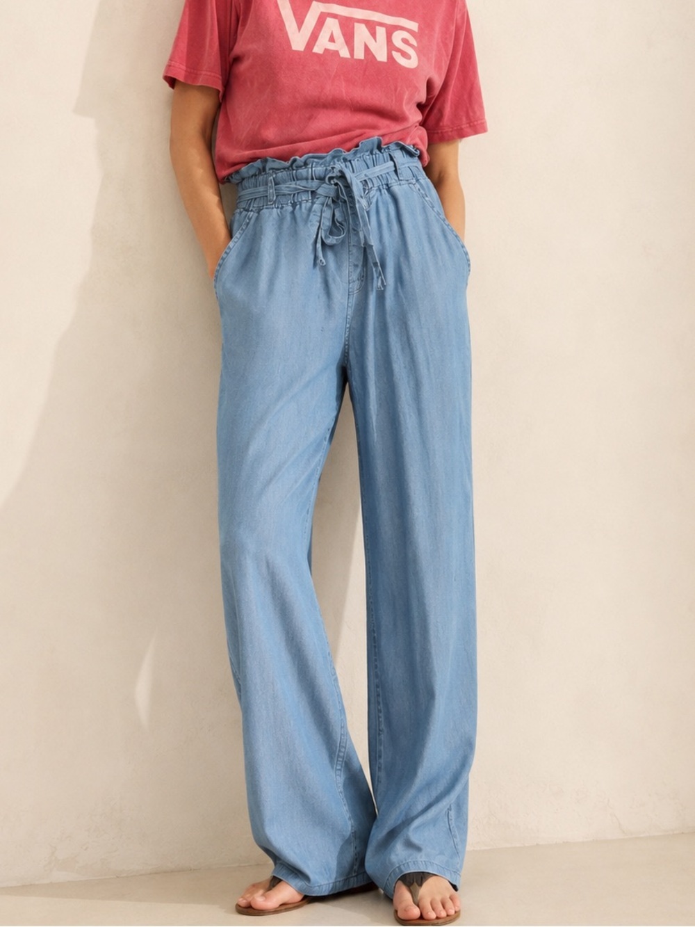 Thread & Supply 100% Lyocell Blue Chambray Wide Leg High Waist Paperbag Pants